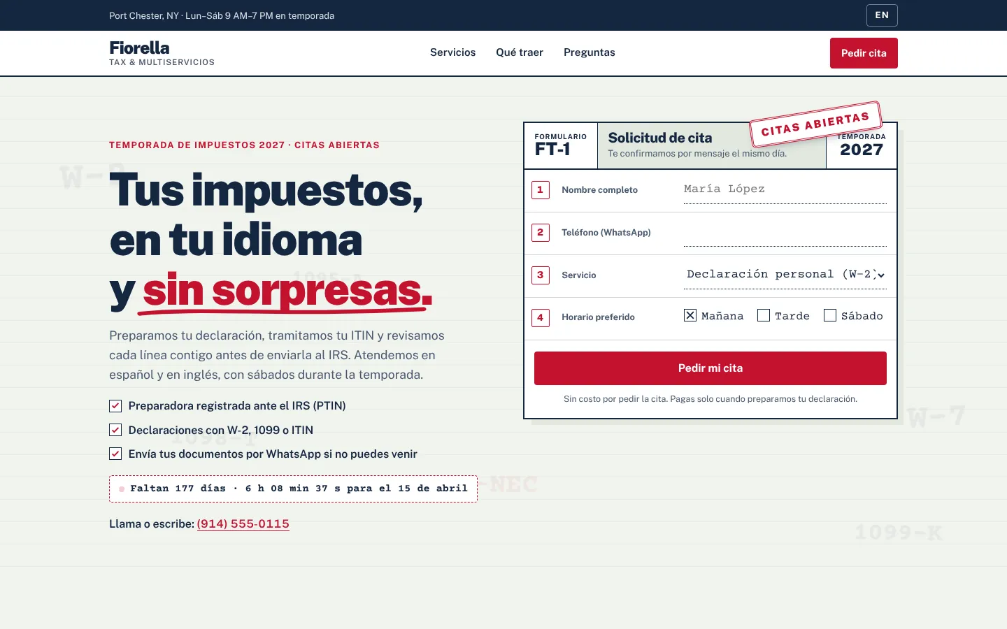 Fiorella Tax sample site with its appointment form